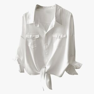 White Lycocell Flowy Button Down Tie Front Shirt